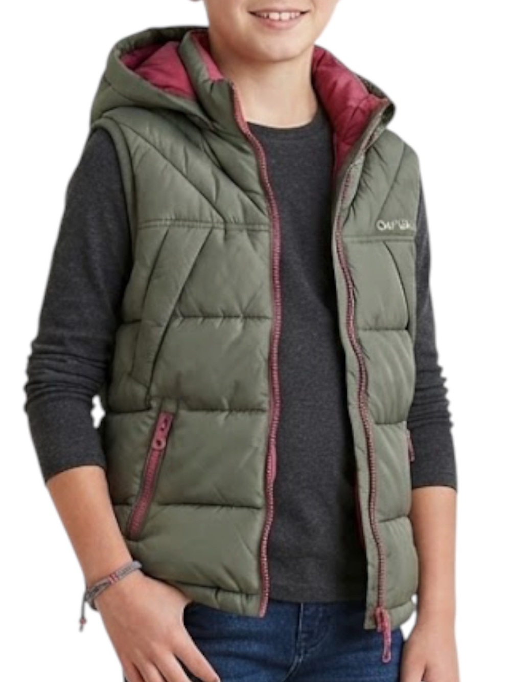 ZARA Gorpcore Streetwear Y2K Hooded Puffer Vest Jacket Olive Green 11-12Y